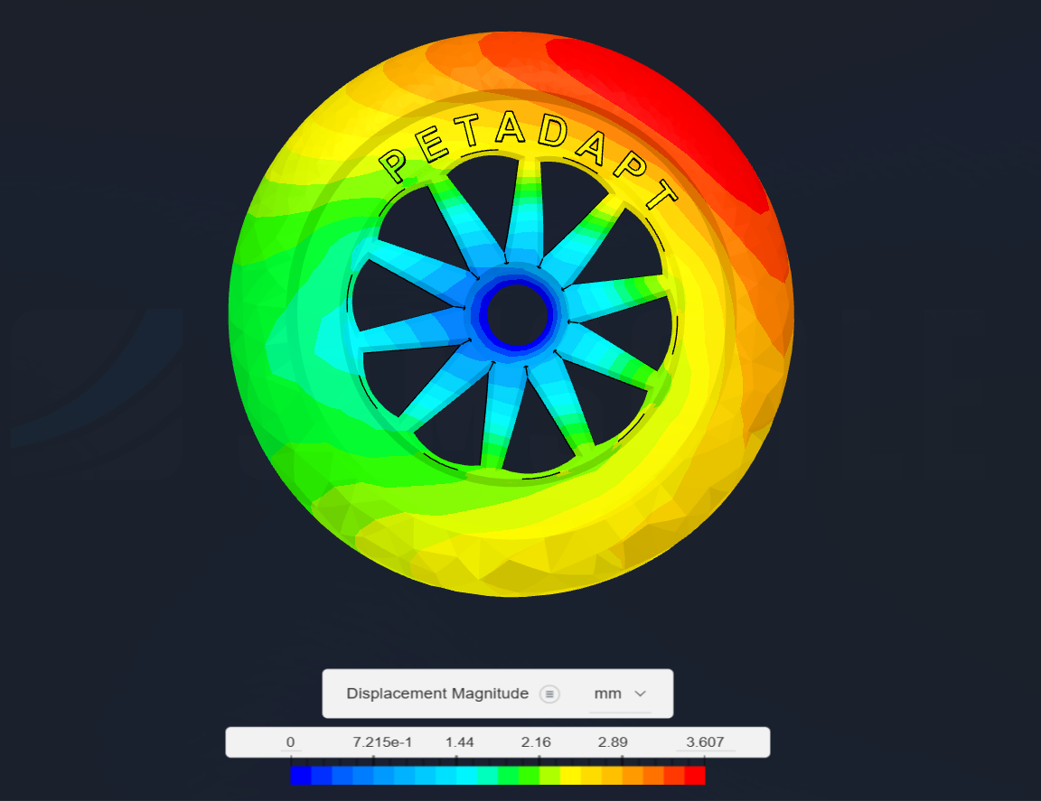 Simulação computacional colorida de uma roda PetAdapt mostrando o deslocamento da estrutura